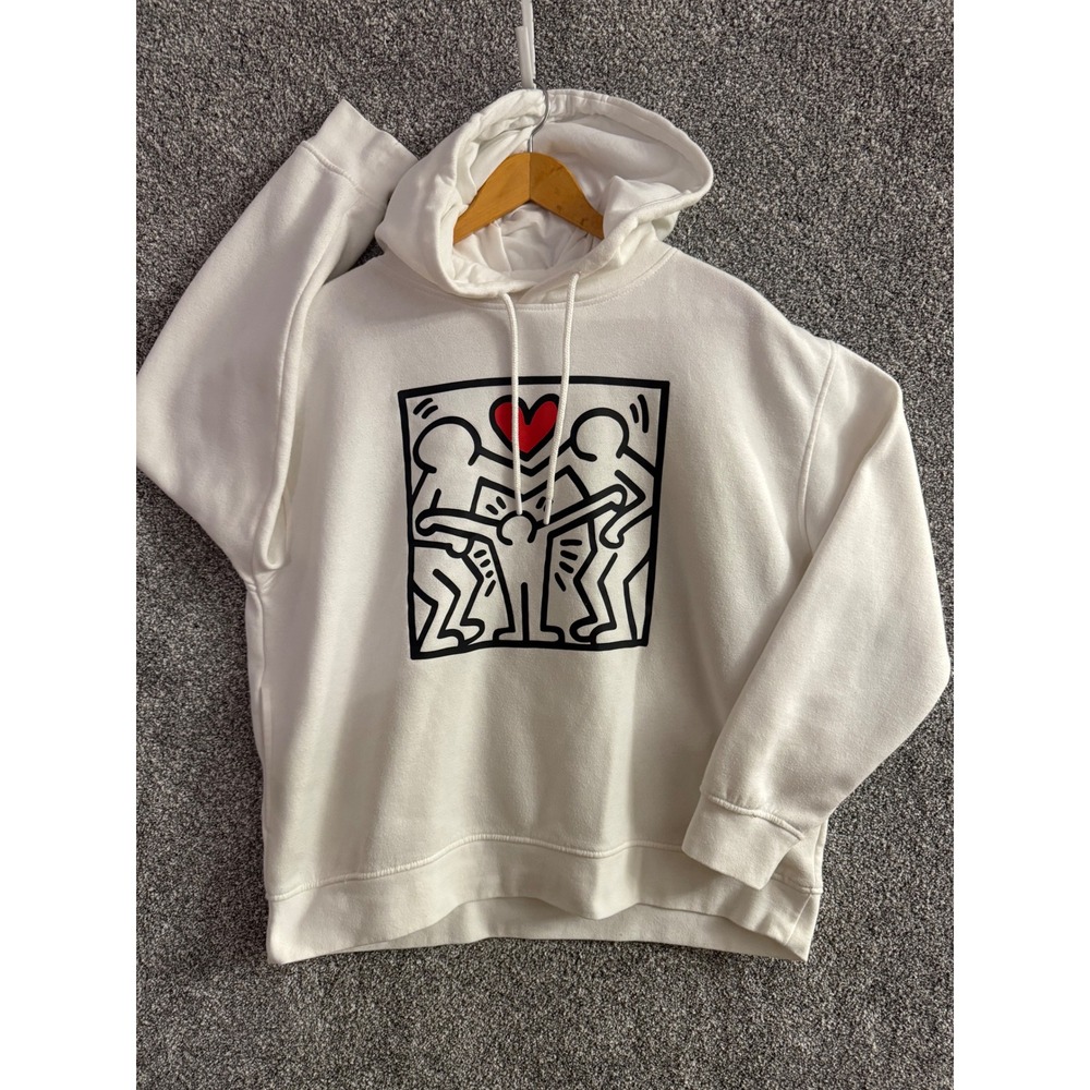 Primark Keith Haring Hoodie Large L White Heart Graphic Pop Art Streetwear